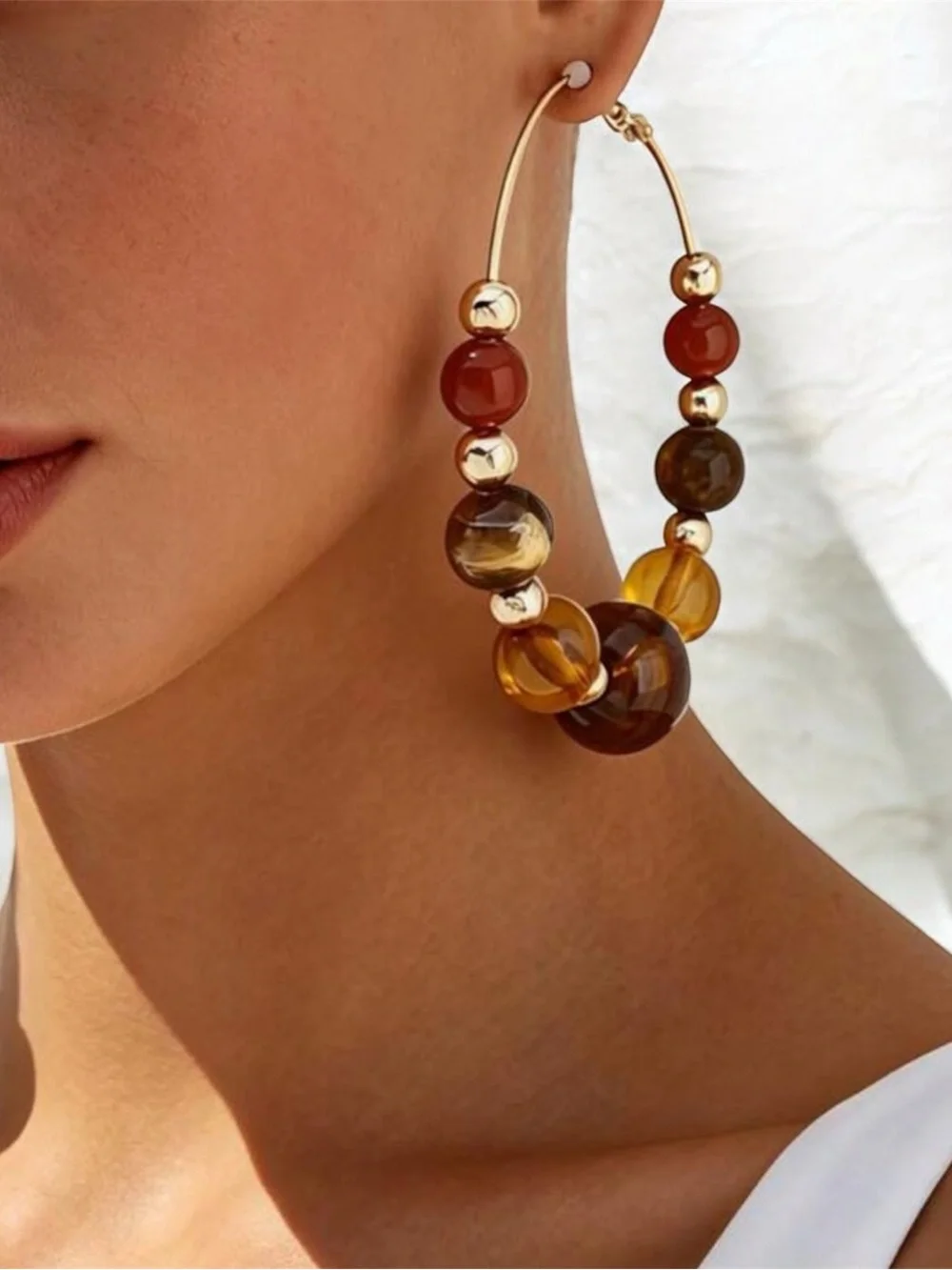 Gold Hoop Earrings with Amber and Brown Beads